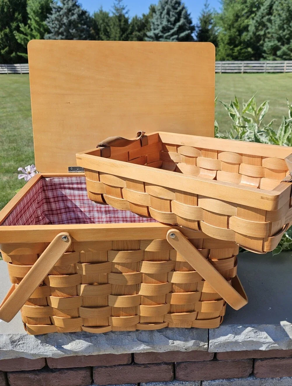 Pottery Barn New Woven Wooden Picnic Basket with Dual Top Handles - Natural Wood